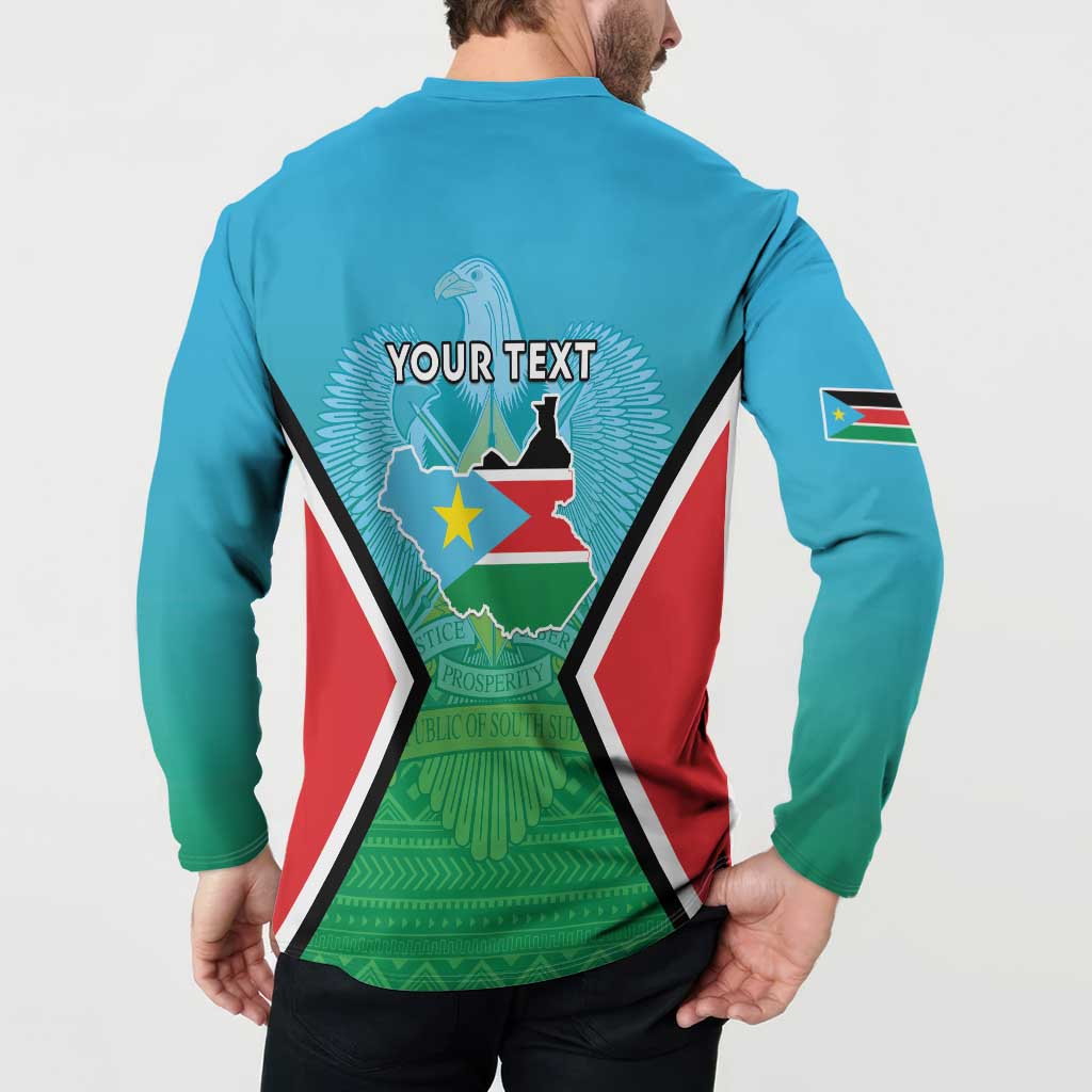 Blue long-sleeve henley sweatshirt on model, back graphic with YOUR TEXT and map crest