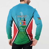 Blue long-sleeve henley sweatshirt on model, back graphic with YOUR TEXT and map crest