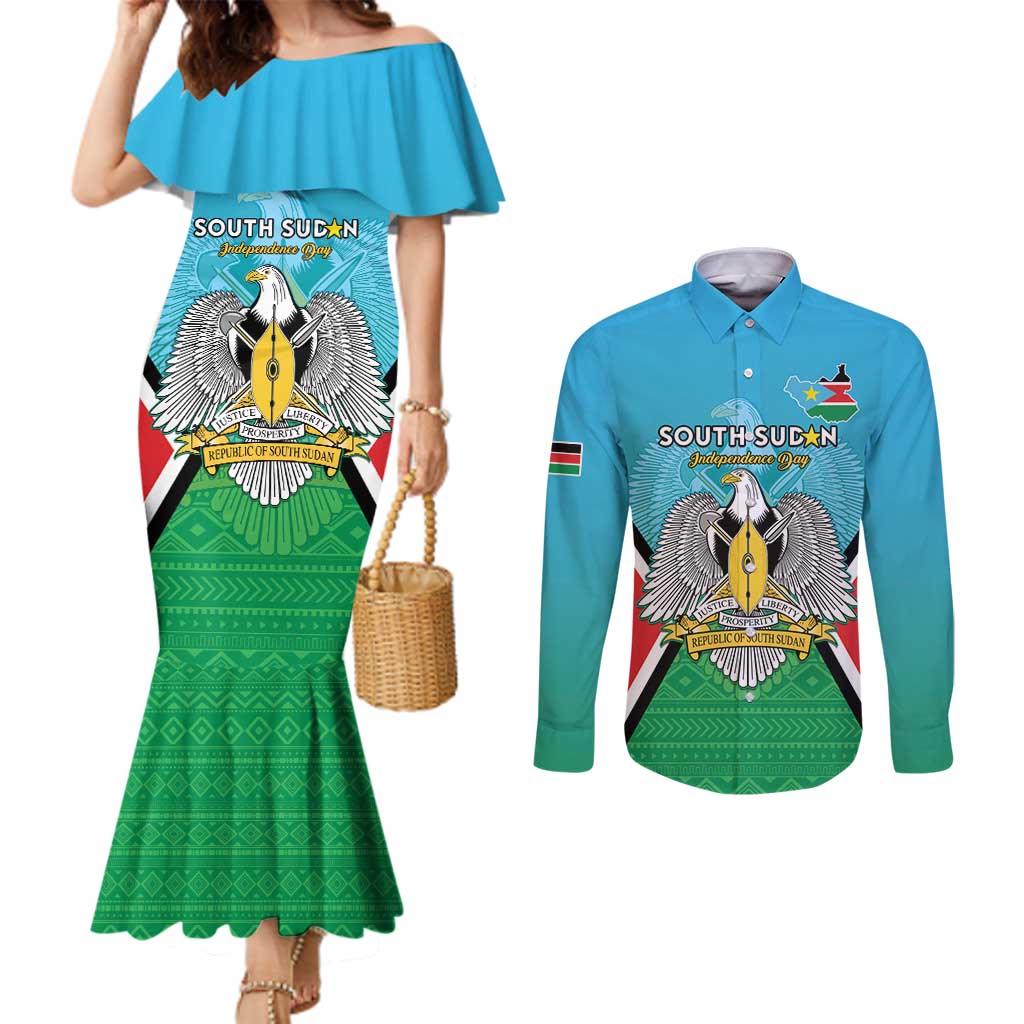 Personalised South Sudan Independence Day Couples Matching Mermaid Dress and Long Sleeve Button Shirt Coat Of Arms With Flag Map