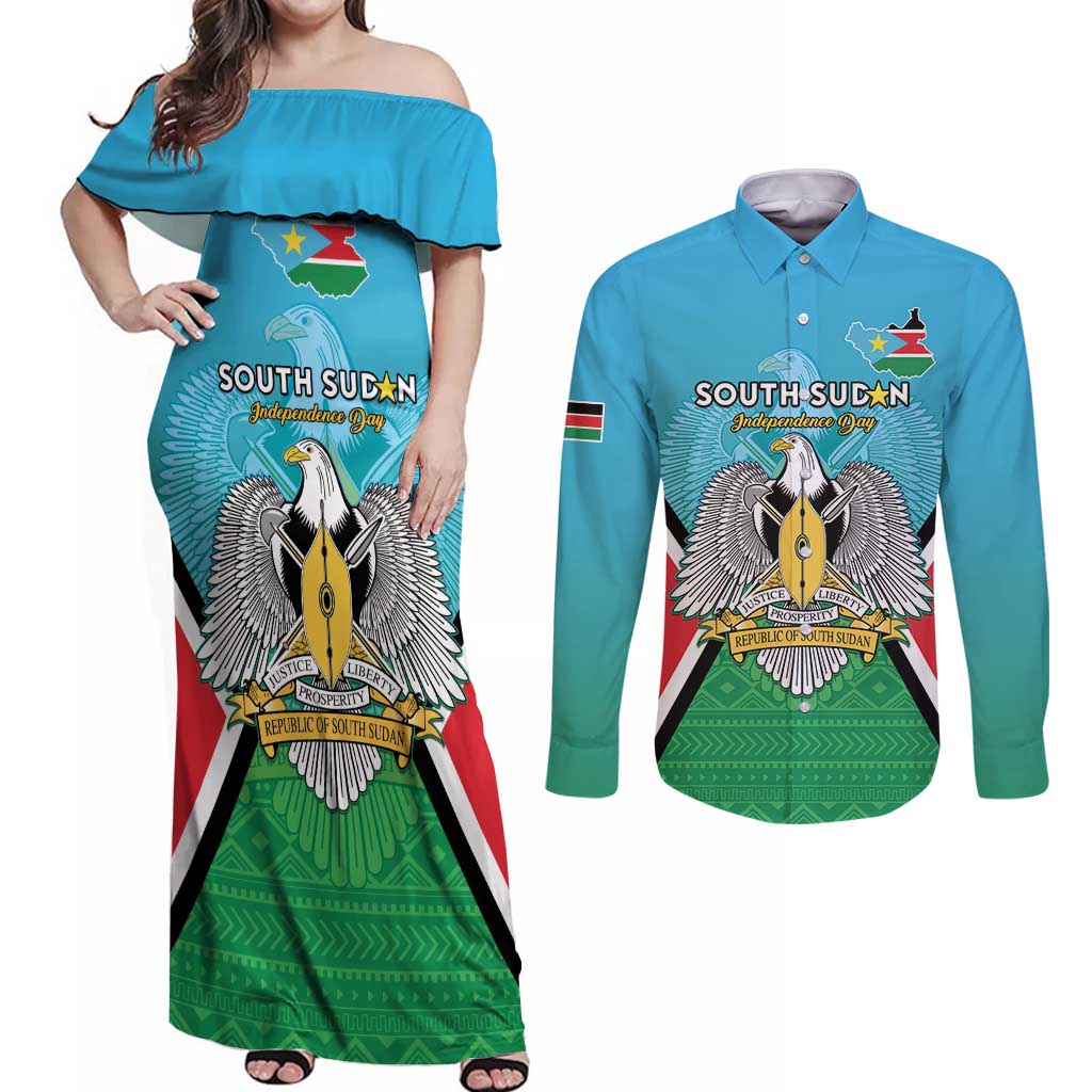 Personalised South Sudan Independence Day Couples Matching Off Shoulder Maxi Dress and Long Sleeve Button Shirt Coat Of Arms With Flag Map - Wonder Print Shop