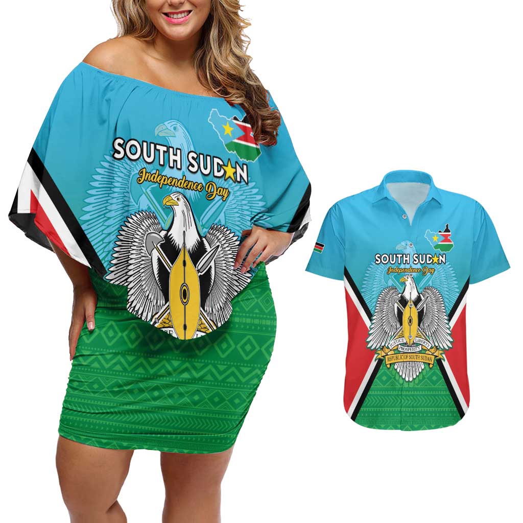 Personalised South Sudan Independence Day Couples Matching Off Shoulder Short Dress and Hawaiian Shirt Coat Of Arms With Flag Map - Wonder Print Shop