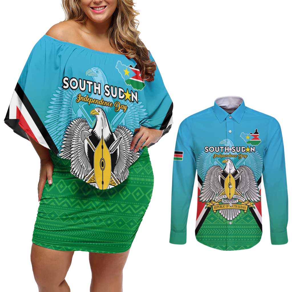 Personalised South Sudan Independence Day Couples Matching Off Shoulder Short Dress and Long Sleeve Button Shirt Coat Of Arms With Flag Map - Wonder Print Shop