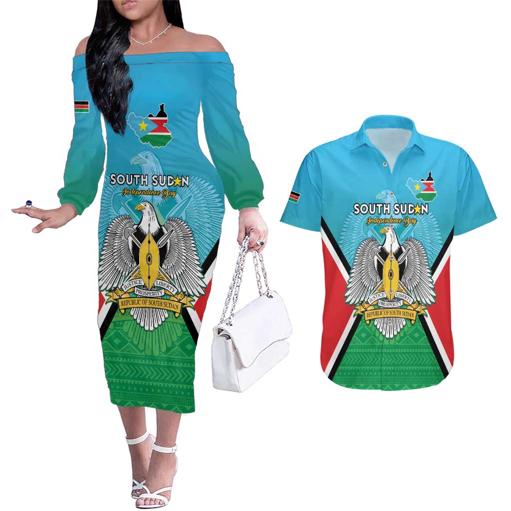 Personalised South Sudan Independence Day Couples Matching Off The Shoulder Long Sleeve Dress and Hawaiian Shirt Coat Of Arms With Flag Map - Wonder Print Shop