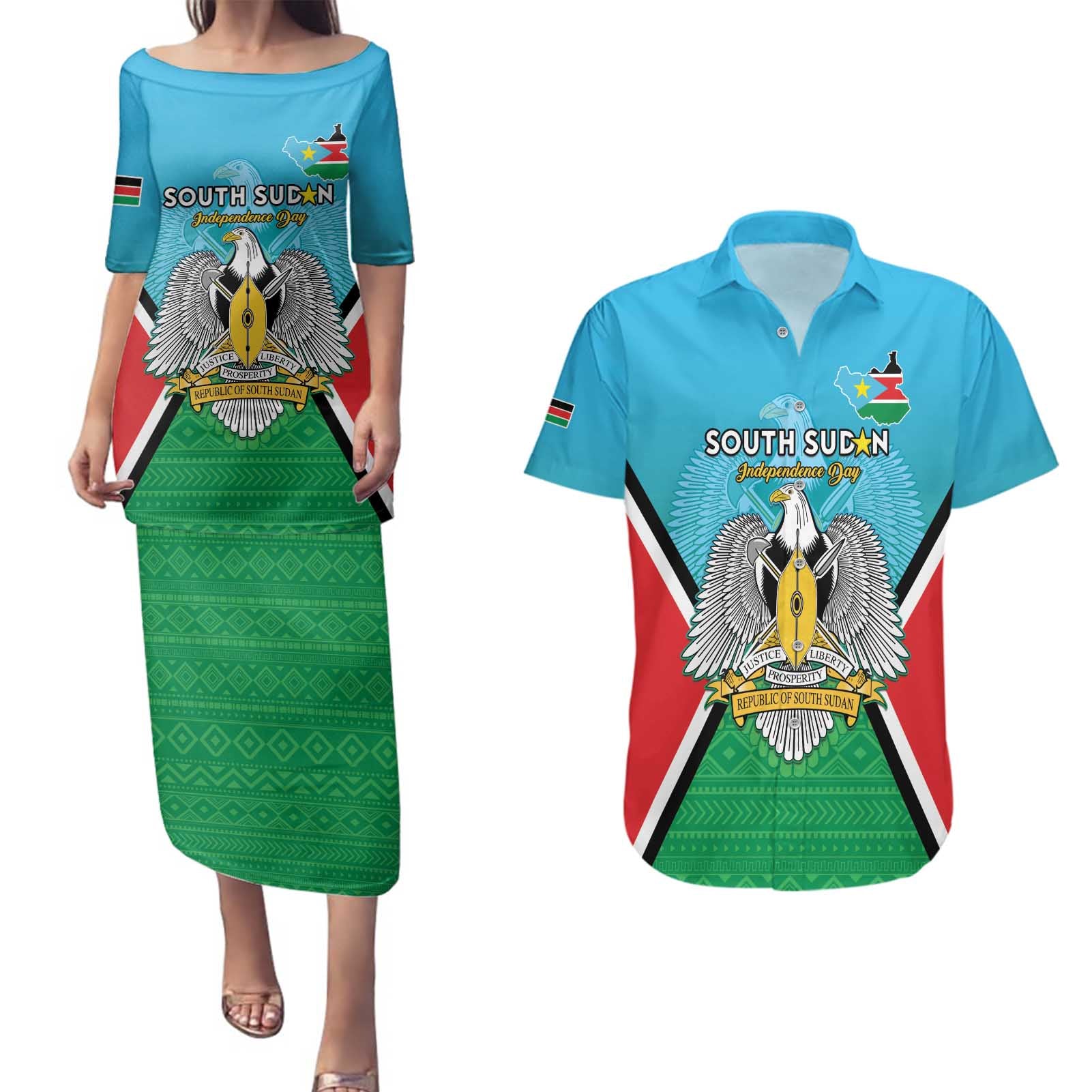 Personalised South Sudan Independence Day Couples Matching Puletasi and Hawaiian Shirt Coat Of Arms With Flag Map - Wonder Print Shop