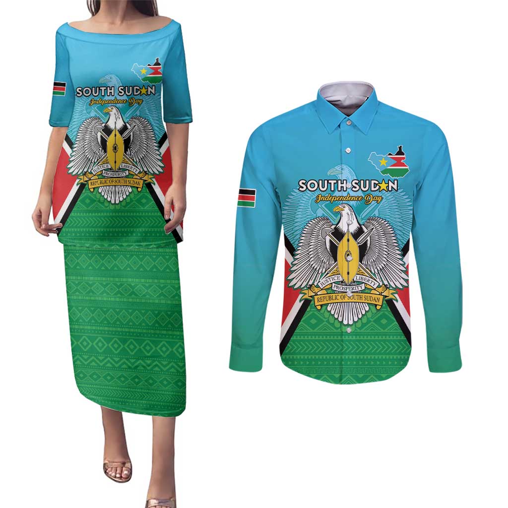 Personalised South Sudan Independence Day Couples Matching Puletasi and Long Sleeve Button Shirt Coat Of Arms With Flag Map - Wonder Print Shop