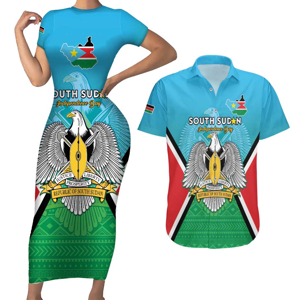 Personalised South Sudan Independence Day Couples Matching Short Sleeve Bodycon Dress and Hawaiian Shirt Coat Of Arms With Flag Map - Wonder Print Shop