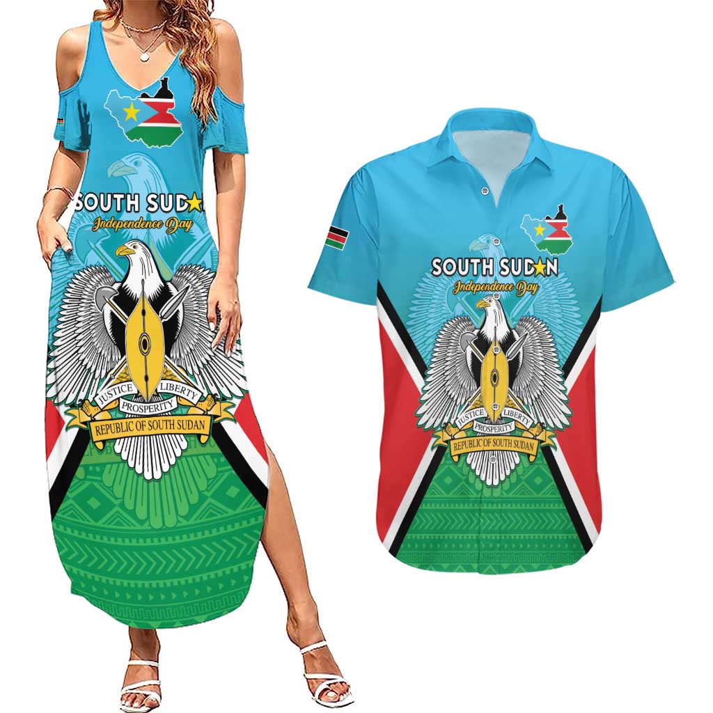 Personalised South Sudan Independence Day Couples Matching Summer Maxi Dress and Hawaiian Shirt Coat Of Arms With Flag Map - Wonder Print Shop