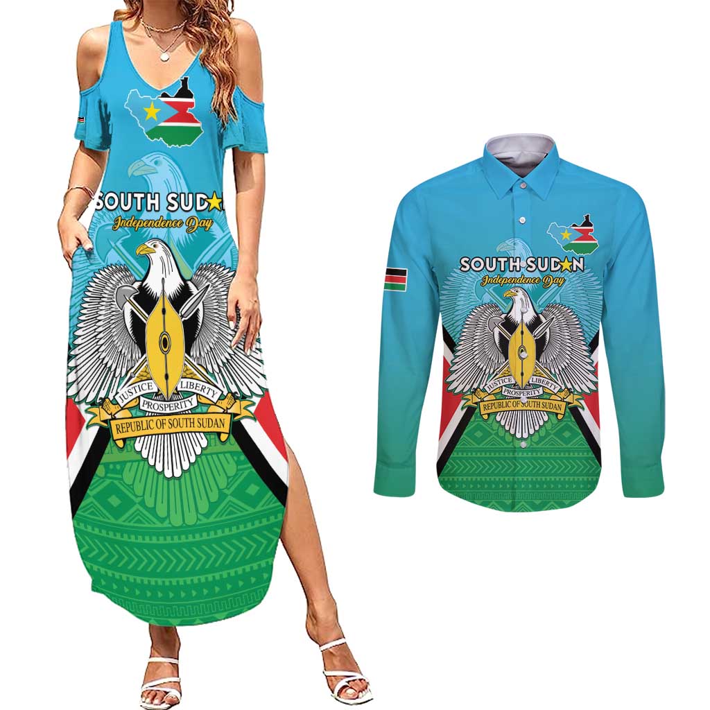 Personalised South Sudan Independence Day Couples Matching Summer Maxi Dress and Long Sleeve Button Shirt Coat Of Arms With Flag Map - Wonder Print Shop