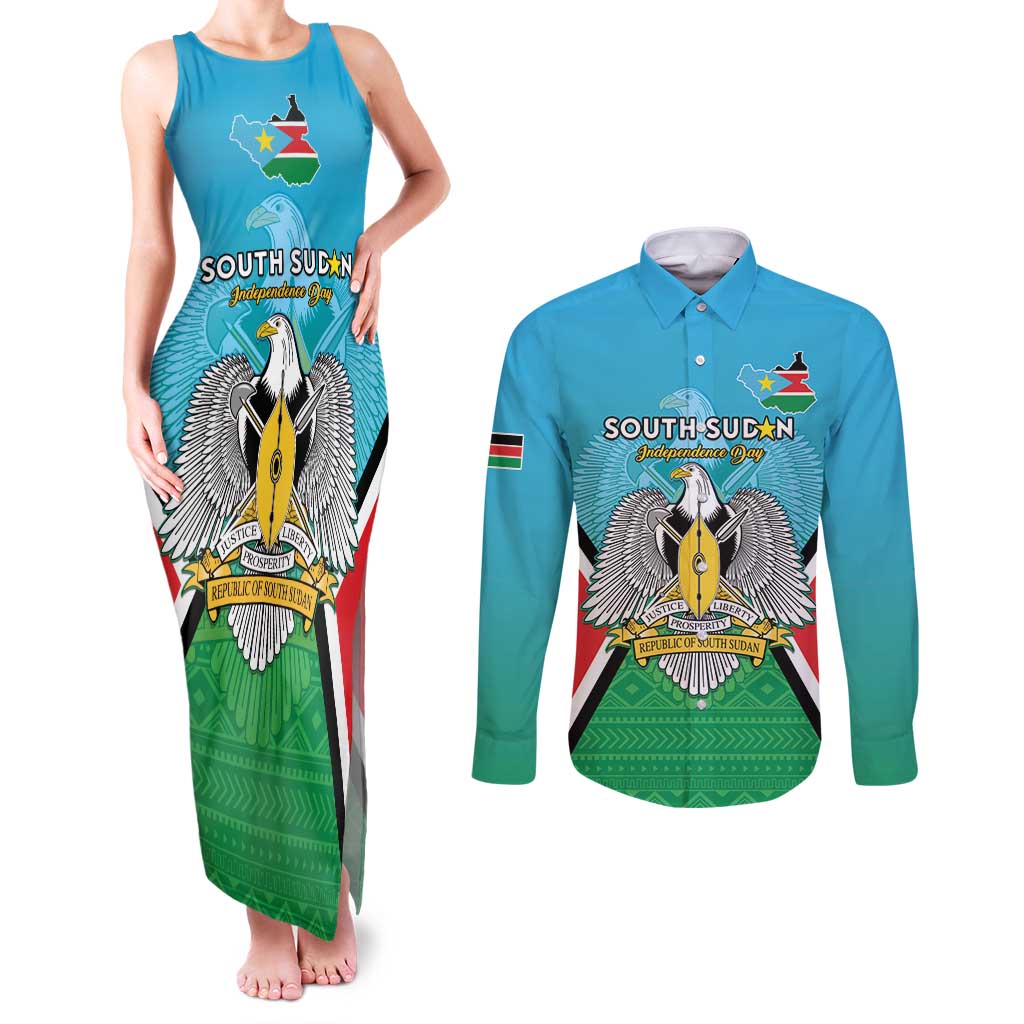 Personalised South Sudan Independence Day Couples Matching Tank Maxi Dress and Long Sleeve Button Shirt Coat Of Arms With Flag Map - Wonder Print Shop