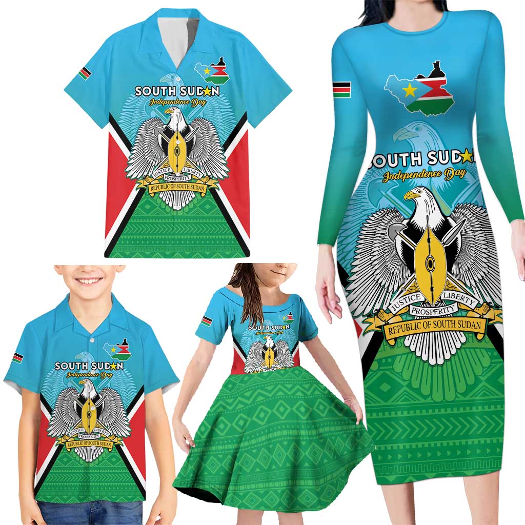 Personalised South Sudan Independence Day Family Matching Long Sleeve Bodycon Dress and Hawaiian Shirt Coat Of Arms With Flag Map - Wonder Print Shop