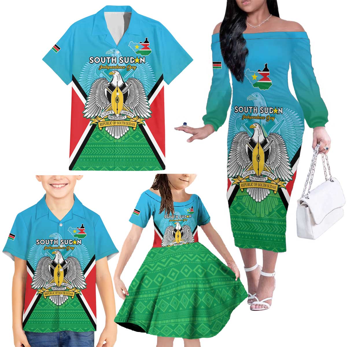 Personalised South Sudan Independence Day Family Matching Off The Shoulder Long Sleeve Dress and Hawaiian Shirt Coat Of Arms With Flag Map - Wonder Print Shop