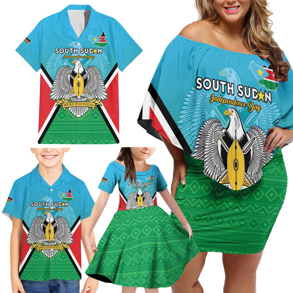 Personalised South Sudan Independence Day Family Matching Off Shoulder Short Dress and Hawaiian Shirt Coat Of Arms With Flag Map - Wonder Print Shop