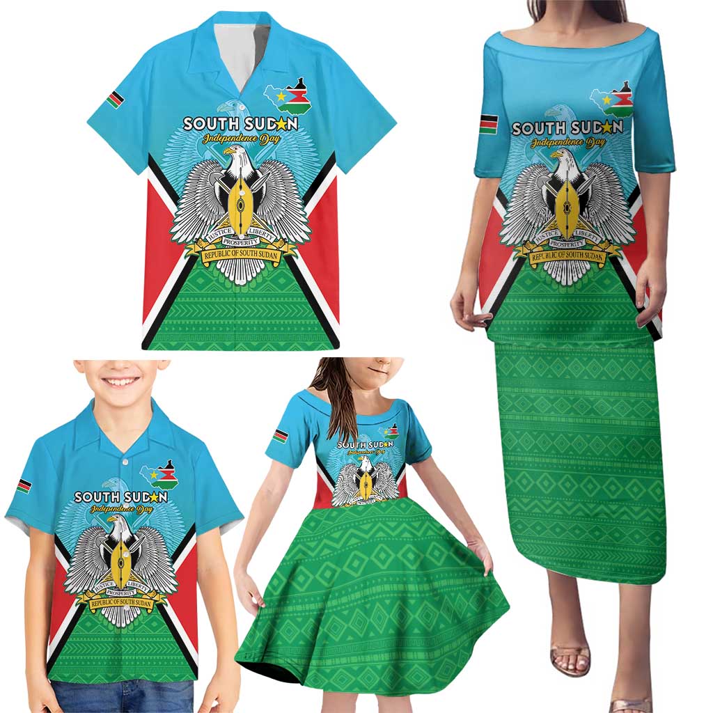 Personalised South Sudan Independence Day Family Matching Puletasi and Hawaiian Shirt Coat Of Arms With Flag Map - Wonder Print Shop