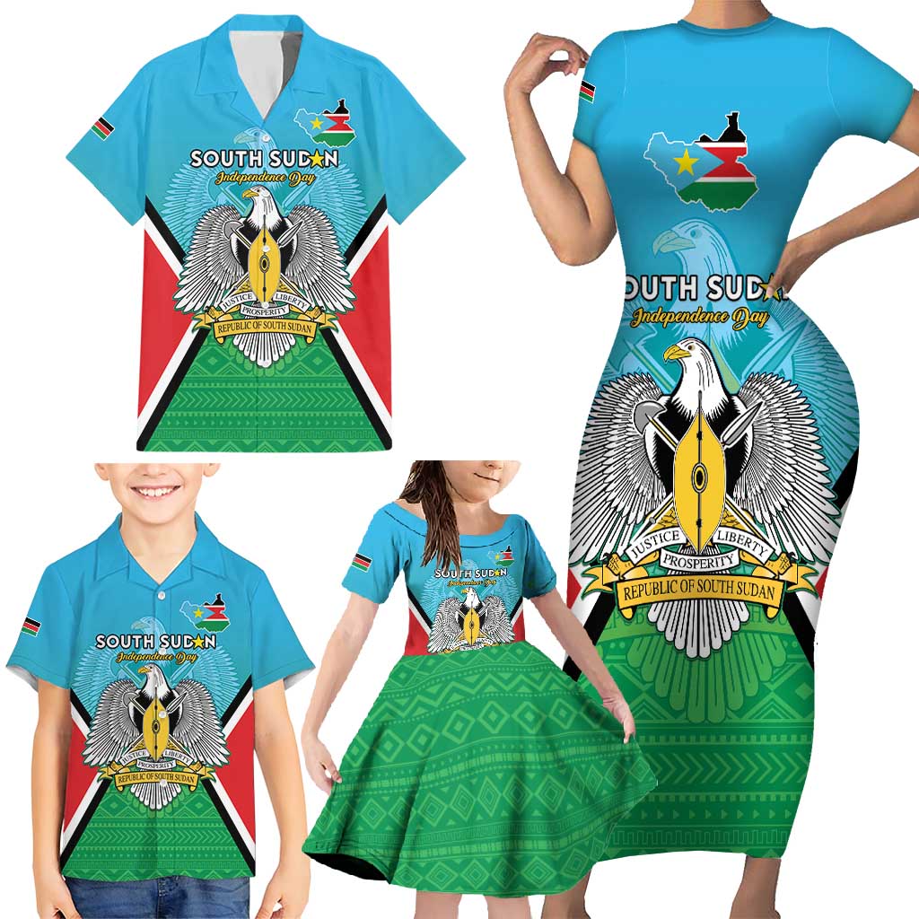 Personalised South Sudan Independence Day Family Matching Short Sleeve Bodycon Dress and Hawaiian Shirt Coat Of Arms With Flag Map - Wonder Print Shop