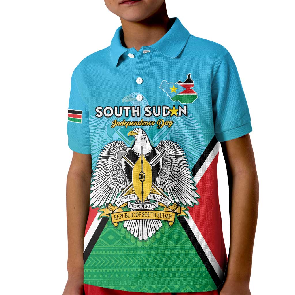 Personalised South Sudan Independence Day Kid Polo Shirt Coat Of Arms With Flag Map - Wonder Print Shop