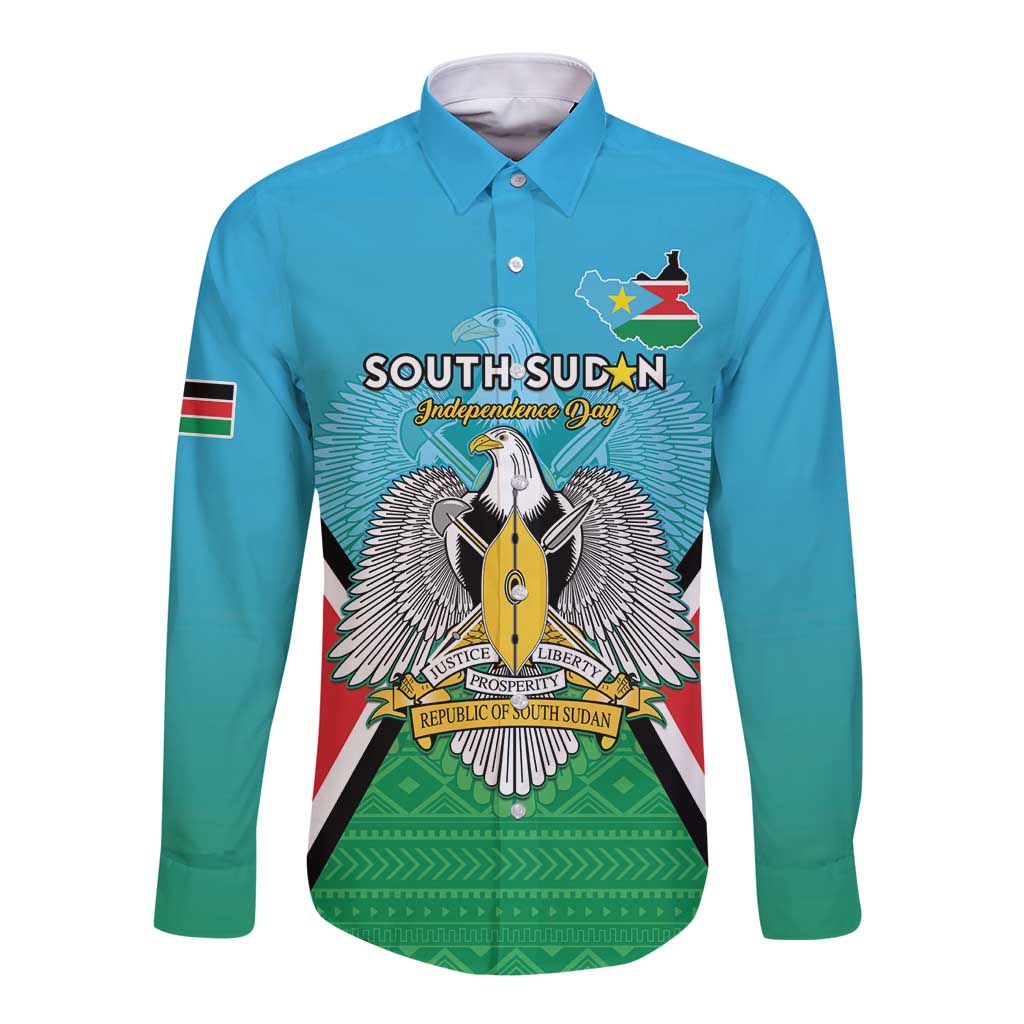 Personalised South Sudan Independence Day Long Sleeve Button Shirt Coat Of Arms With Flag Map - Wonder Print Shop