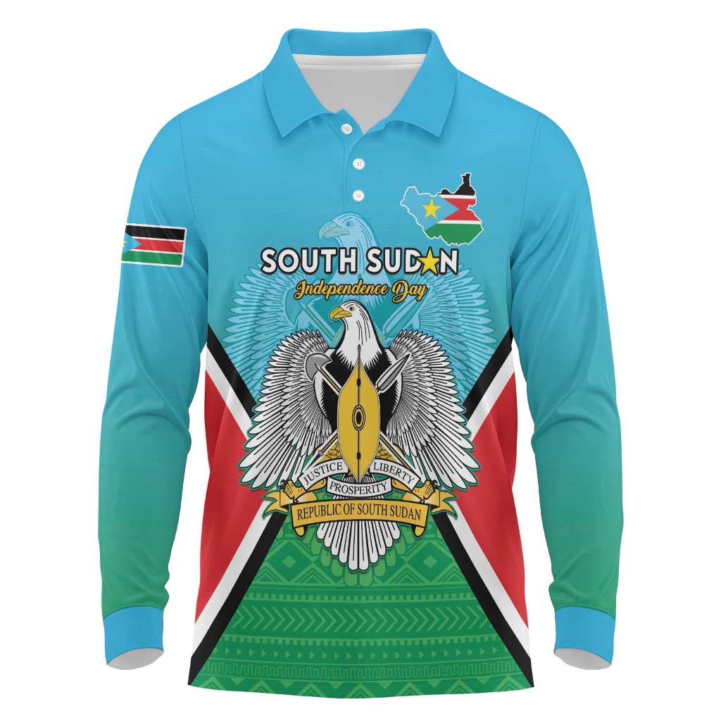 Personalised South Sudan Independence Day Long Sleeve Polo Shirt Coat Of Arms With Flag Map - Wonder Print Shop