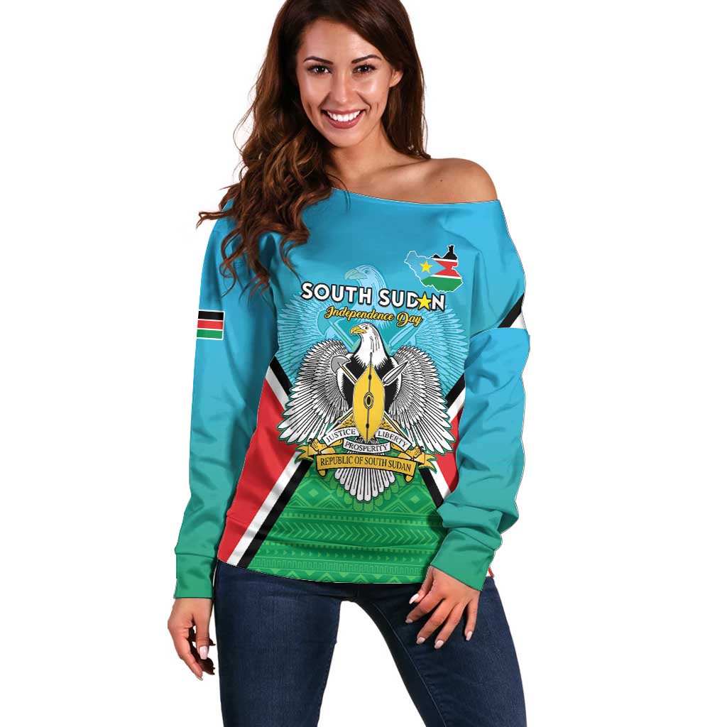 Personalised South Sudan Independence Day Off Shoulder Sweater Coat Of Arms With Flag Map