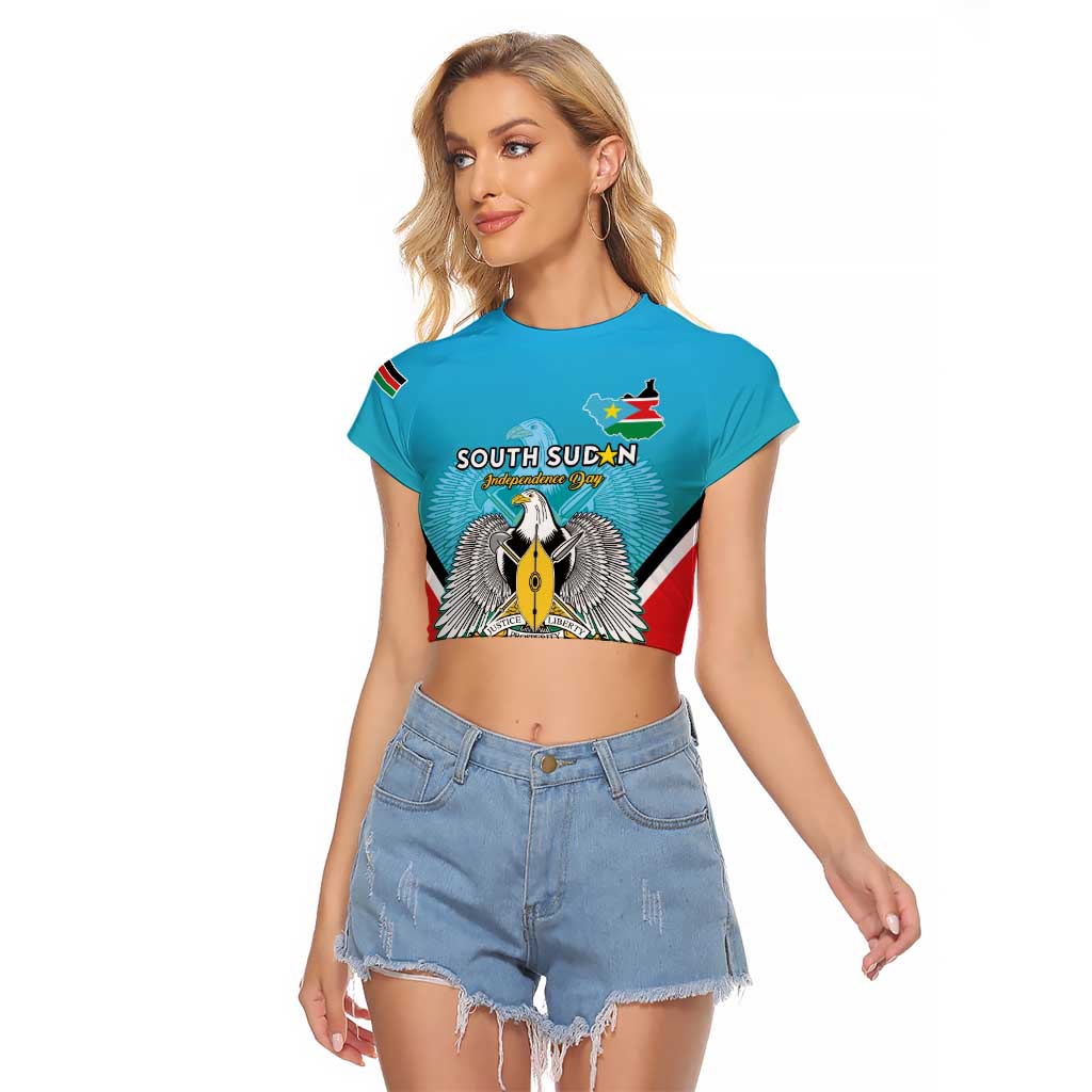 Personalised South Sudan Independence Day Raglan Cropped T Shirt Coat Of Arms With Flag Map - Wonder Print Shop