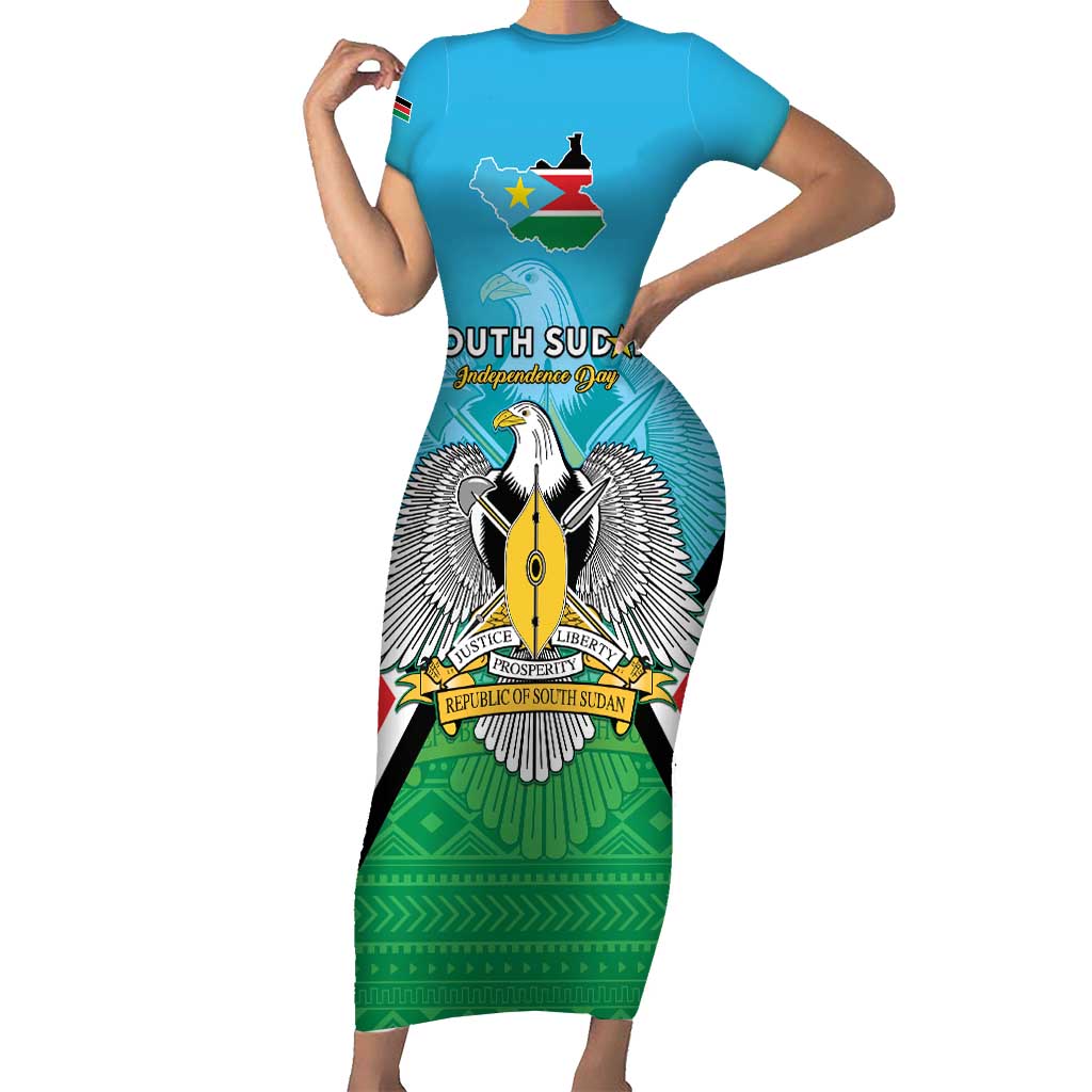 Personalised South Sudan Independence Day Short Sleeve Bodycon Dress Coat Of Arms With Flag Map - Wonder Print Shop