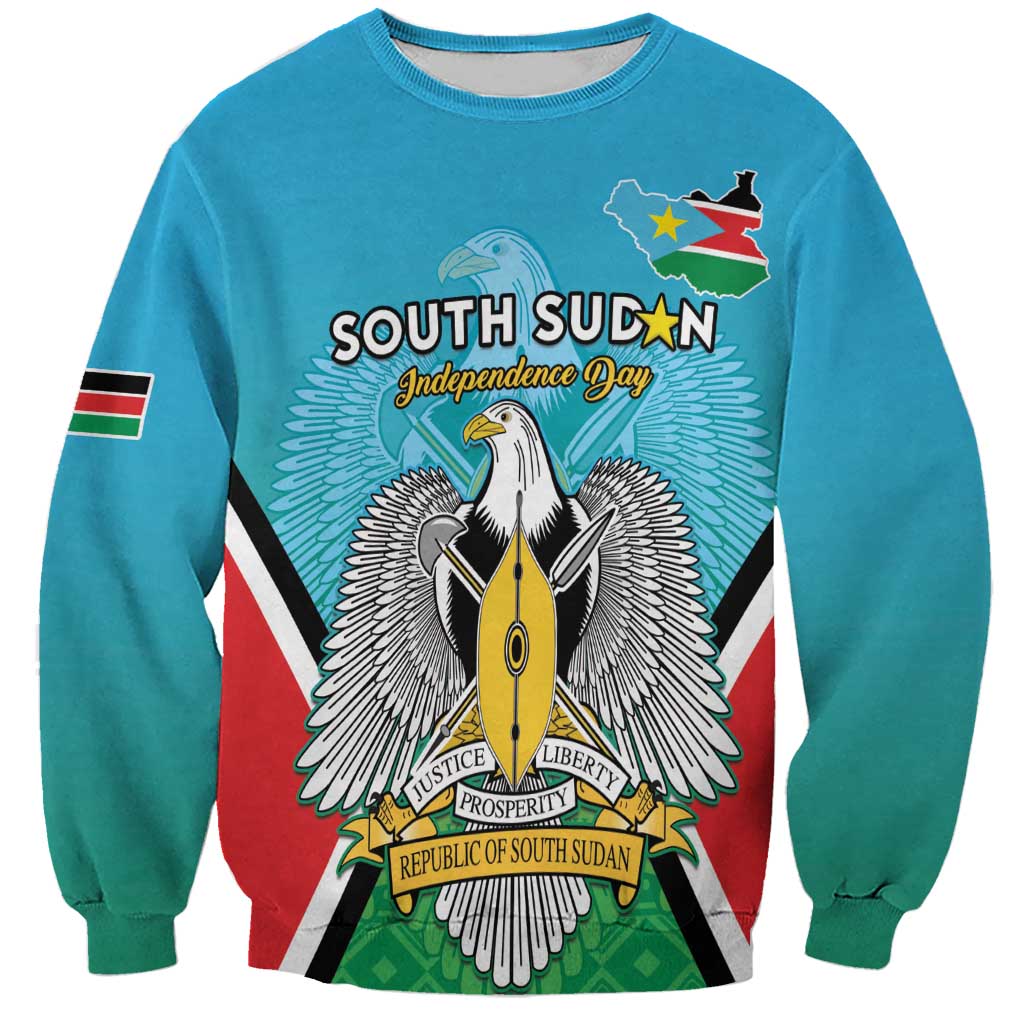 Blue unisex sweatshirt with South Sudan Independence Day crest and flag map graphic
