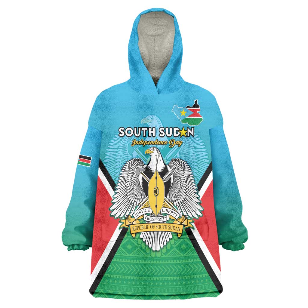 Personalised South Sudan Independence Day Wearable Blanket Hoodie Coat Of Arms With Flag Map