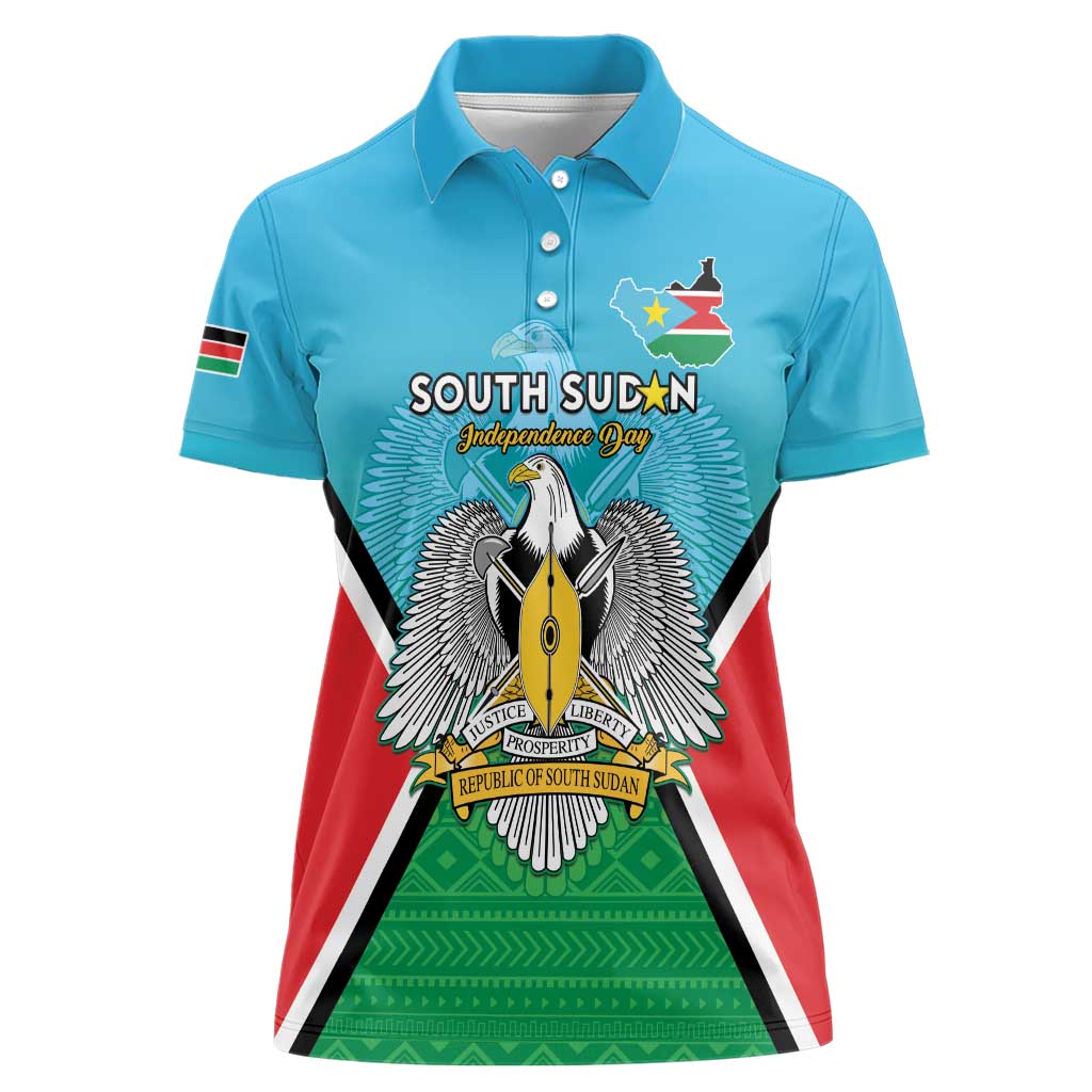 Personalised South Sudan Independence Day Women Polo Shirt Coat Of Arms With Flag Map - Wonder Print Shop