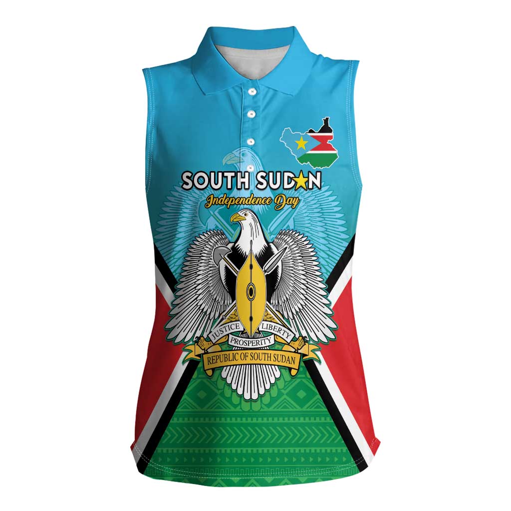 Personalised South Sudan Independence Day Women Sleeveless Polo Shirt Coat Of Arms With Flag Map - Wonder Print Shop