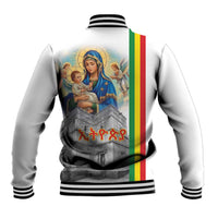 Unisex white baseball jacket with striped rib hem, Ethiopian flag stripe, back religious graphic
