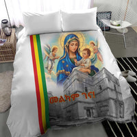 White duvet cover featuring Mary, baby and angels over a church image, flag stripe detail
