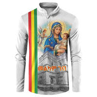 White button-front sweatshirt with Virgin Mary holding a baby, church graphic, flag stripe