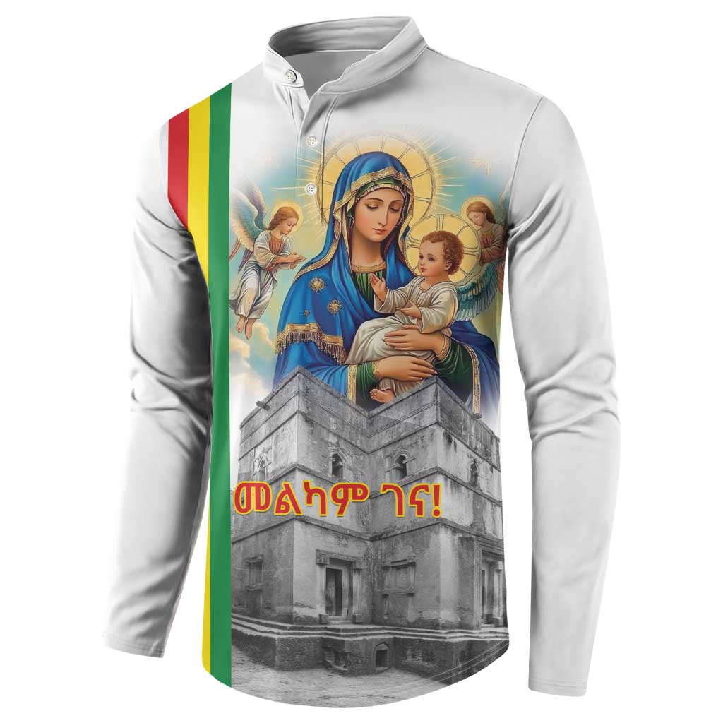 White button-front sweatshirt with side Ethiopian tricolor stripe and Virgin Mary holding baby