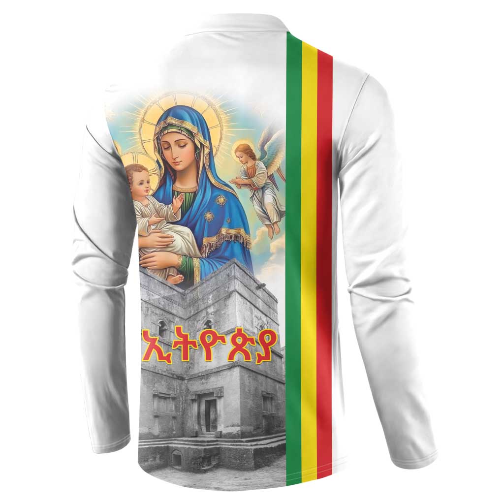 White sweatshirt back with Virgin Mary holding baby, church print, Ethiopian flag stripe
