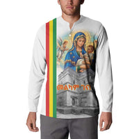 White long-sleeve button sweatshirt featuring Virgin Mary holding baby and church artwork