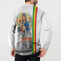 White sweatshirt back view with Virgin Mary holding baby, church graphic, tricolor stripe
