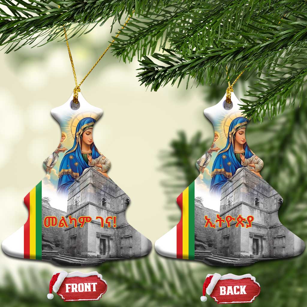 Pair of white ceramic bell-shaped ornaments with Saint Mary and church artwork, gold loops