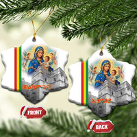 Pair of white ceramic ornaments with Saint Mary and church artwork, gold hanging loops