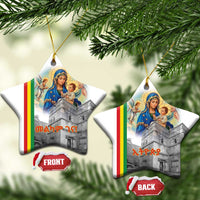 Pair of white ceramic shield-shaped ornaments with Saint Mary and church artwork, gold loops