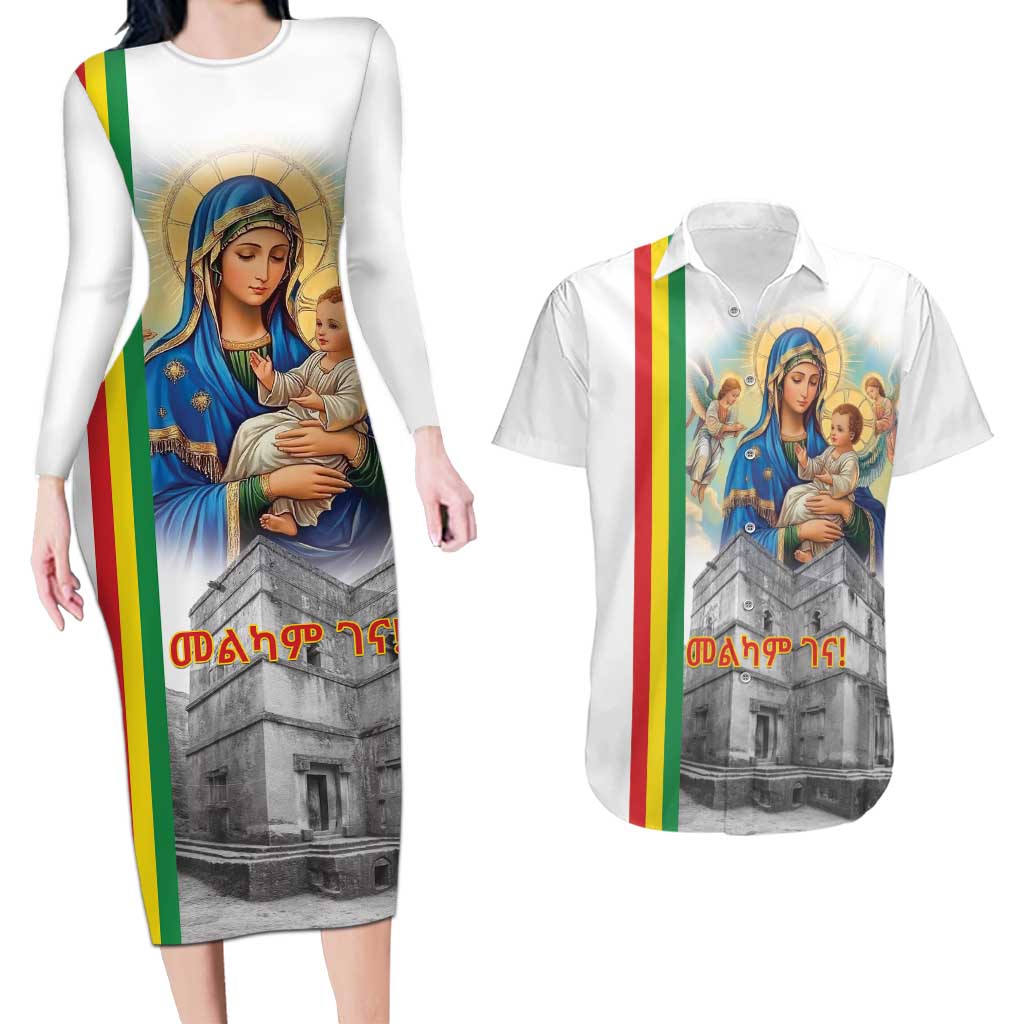 Ethiopian Christmas Couples Matching Long Sleeve Bodycon Dress and Hawaiian Shirt Saint Mary Lalibela Churches - Wonder Print Shop