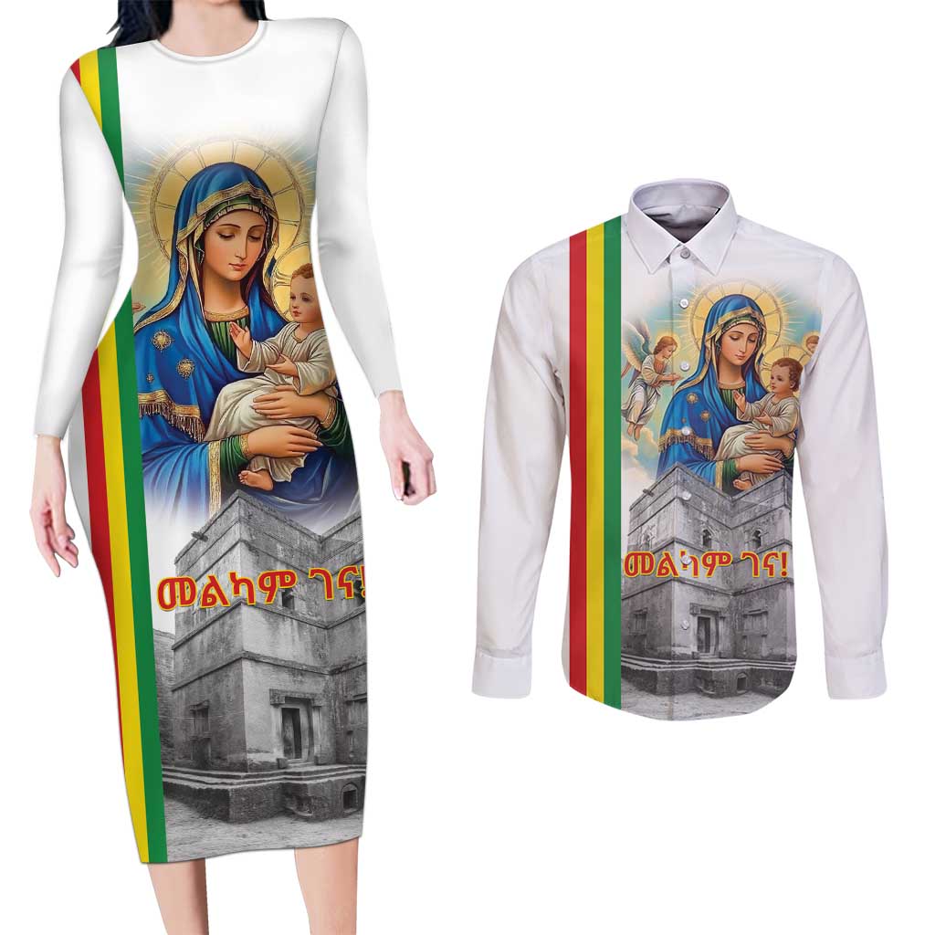 Ethiopian Christmas Couples Matching Long Sleeve Bodycon Dress and Long Sleeve Button Shirt Saint Mary Lalibela Churches - Wonder Print Shop