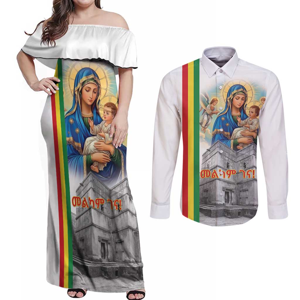 Ethiopian Christmas Couples Matching Off Shoulder Maxi Dress and Long Sleeve Button Shirt Saint Mary Lalibela Churches