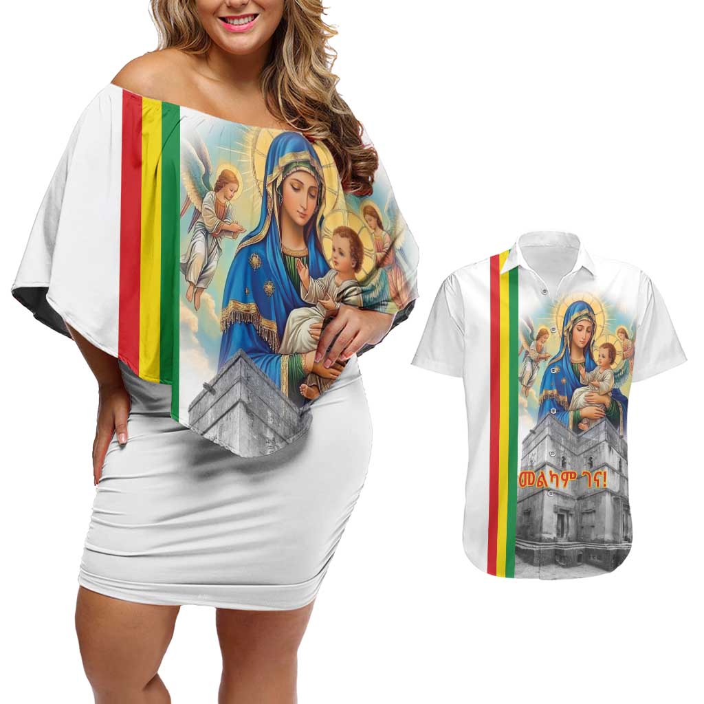 Ethiopian Christmas Couples Matching Off Shoulder Short Dress and Hawaiian Shirt Saint Mary Lalibela Churches