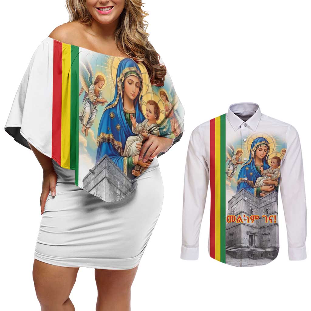 Ethiopian Christmas Couples Matching Off Shoulder Short Dress and Long Sleeve Button Shirt Saint Mary Lalibela Churches