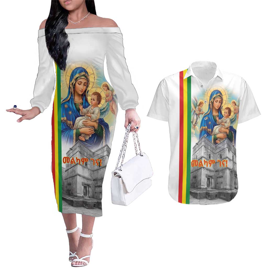 Ethiopian Christmas Couples Matching Off The Shoulder Long Sleeve Dress and Hawaiian Shirt Saint Mary Lalibela Churches