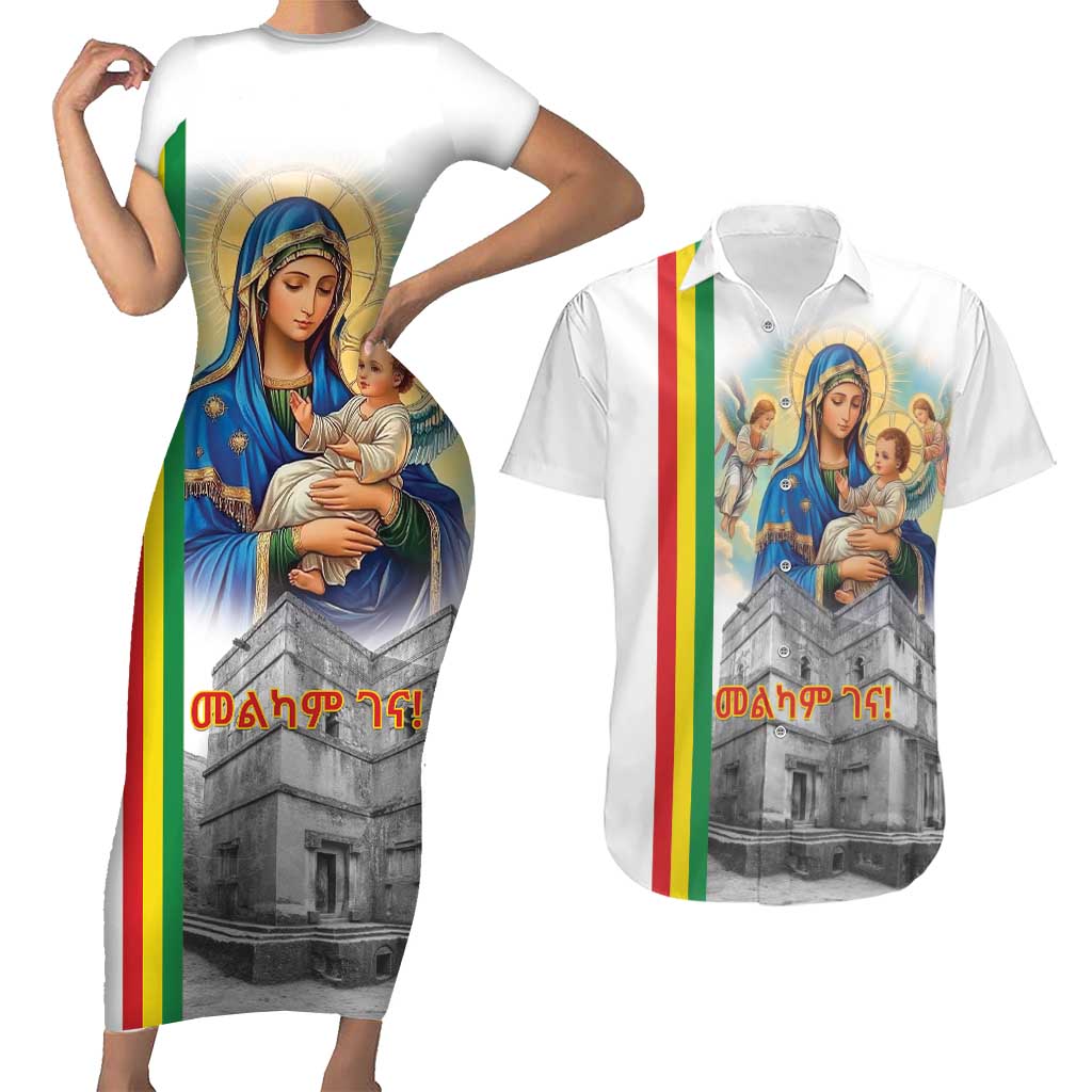 Ethiopian Christmas Couples Matching Short Sleeve Bodycon Dress and Hawaiian Shirt Saint Mary Lalibela Churches - Wonder Print Shop