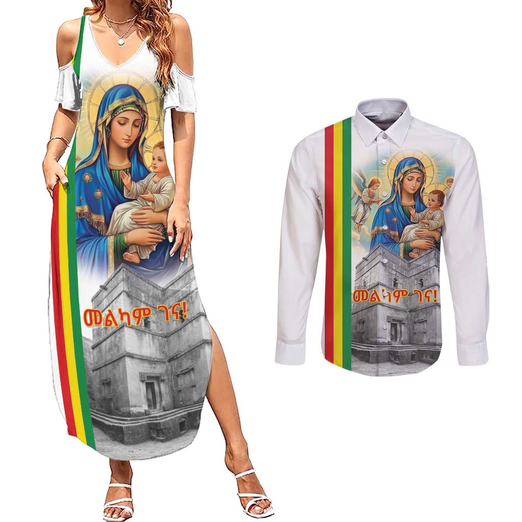 Ethiopian Christmas Couples Matching Summer Maxi Dress and Long Sleeve Button Shirt Saint Mary Lalibela Churches - Wonder Print Shop