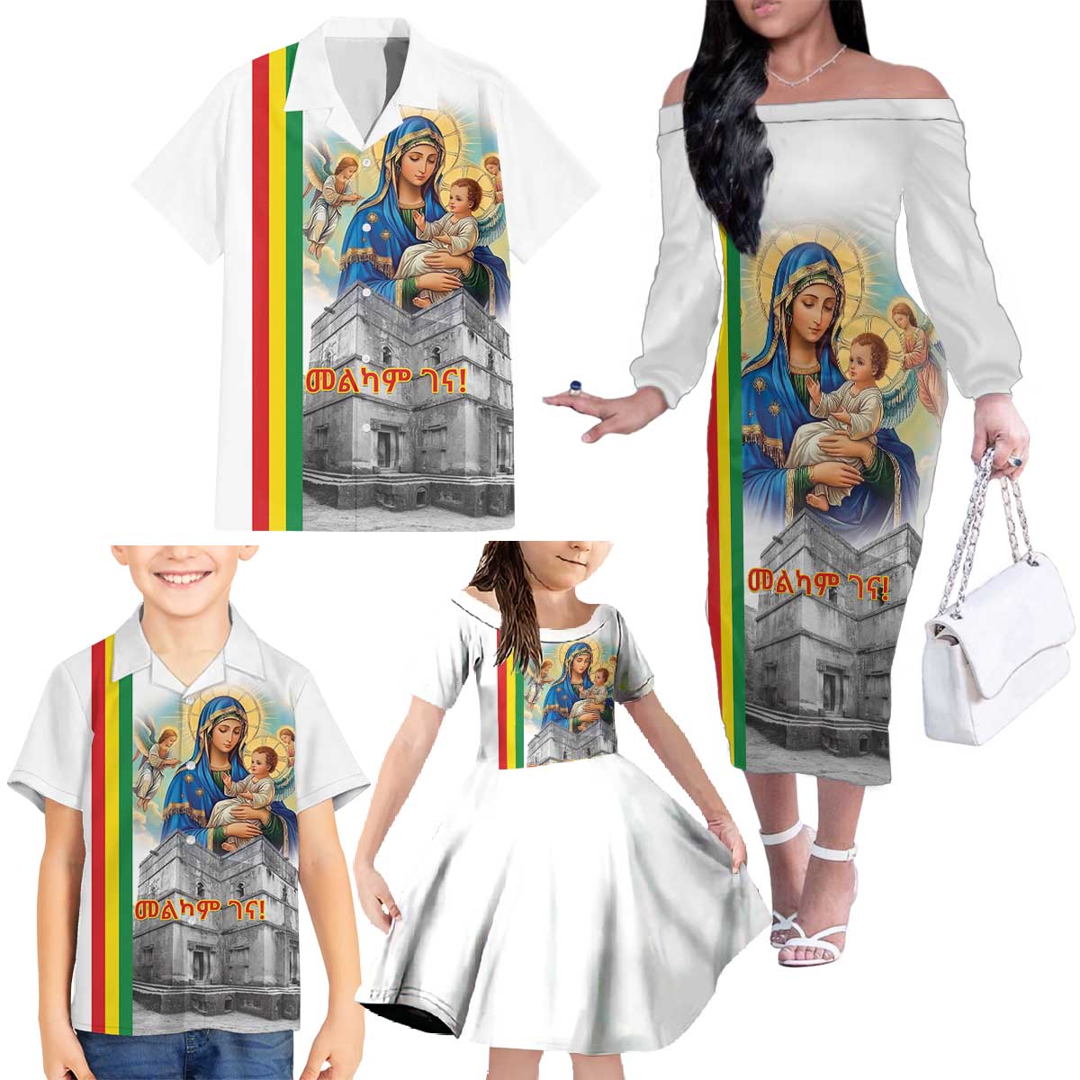 Ethiopian Christmas Family Matching Off The Shoulder Long Sleeve Dress and Hawaiian Shirt Saint Mary Lalibela Churches