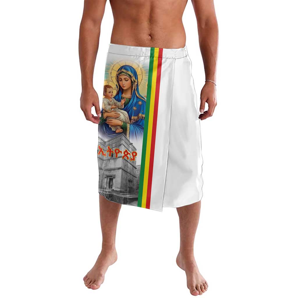 White lavalava with front saint and church graphic, multicolor vertical stripe panel.