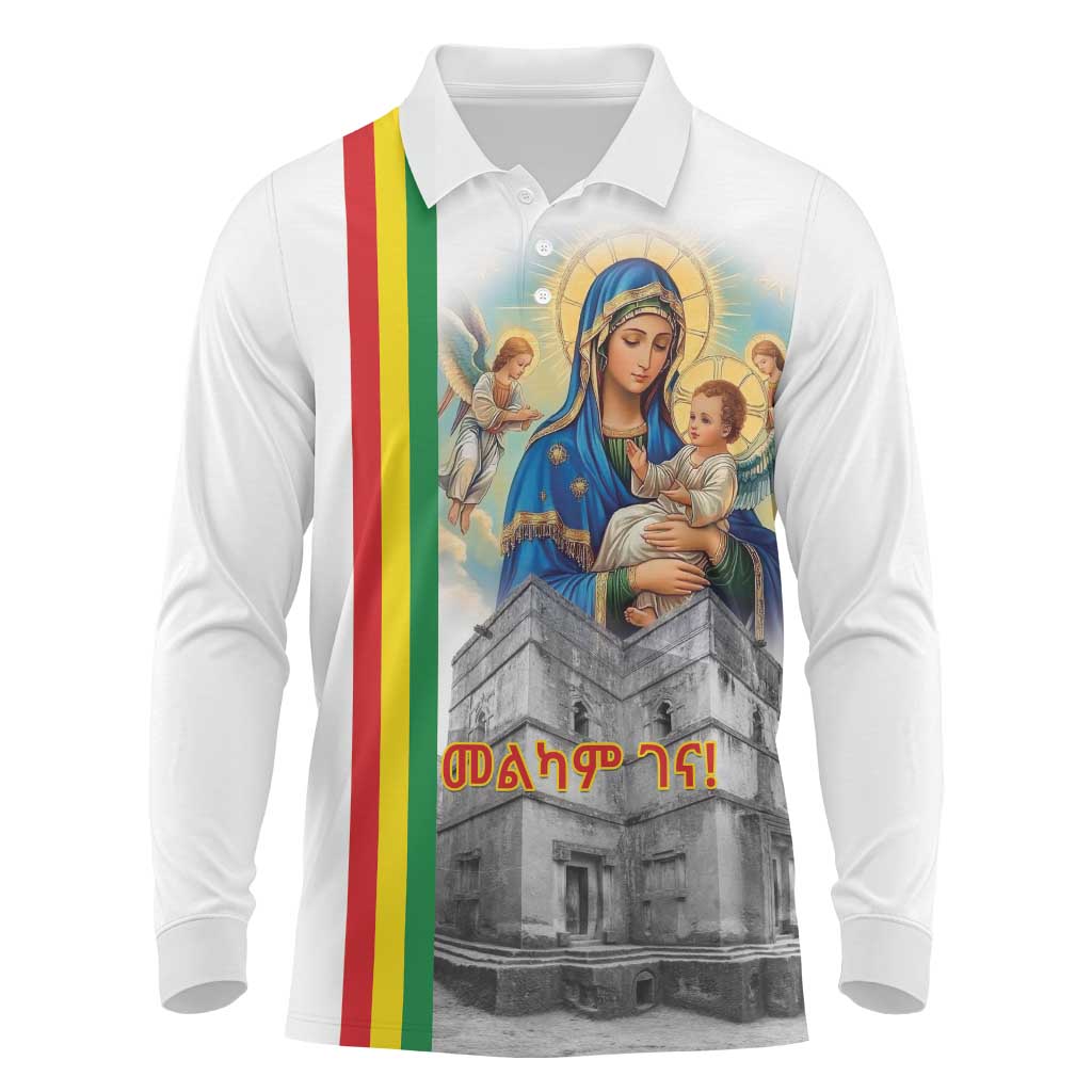 Ethiopian Christmas Long Sleeve Polo Shirt Saint Mary Lalibela Churches