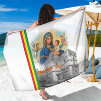White sarong with Madonna and child, church print, rainbow stripe
